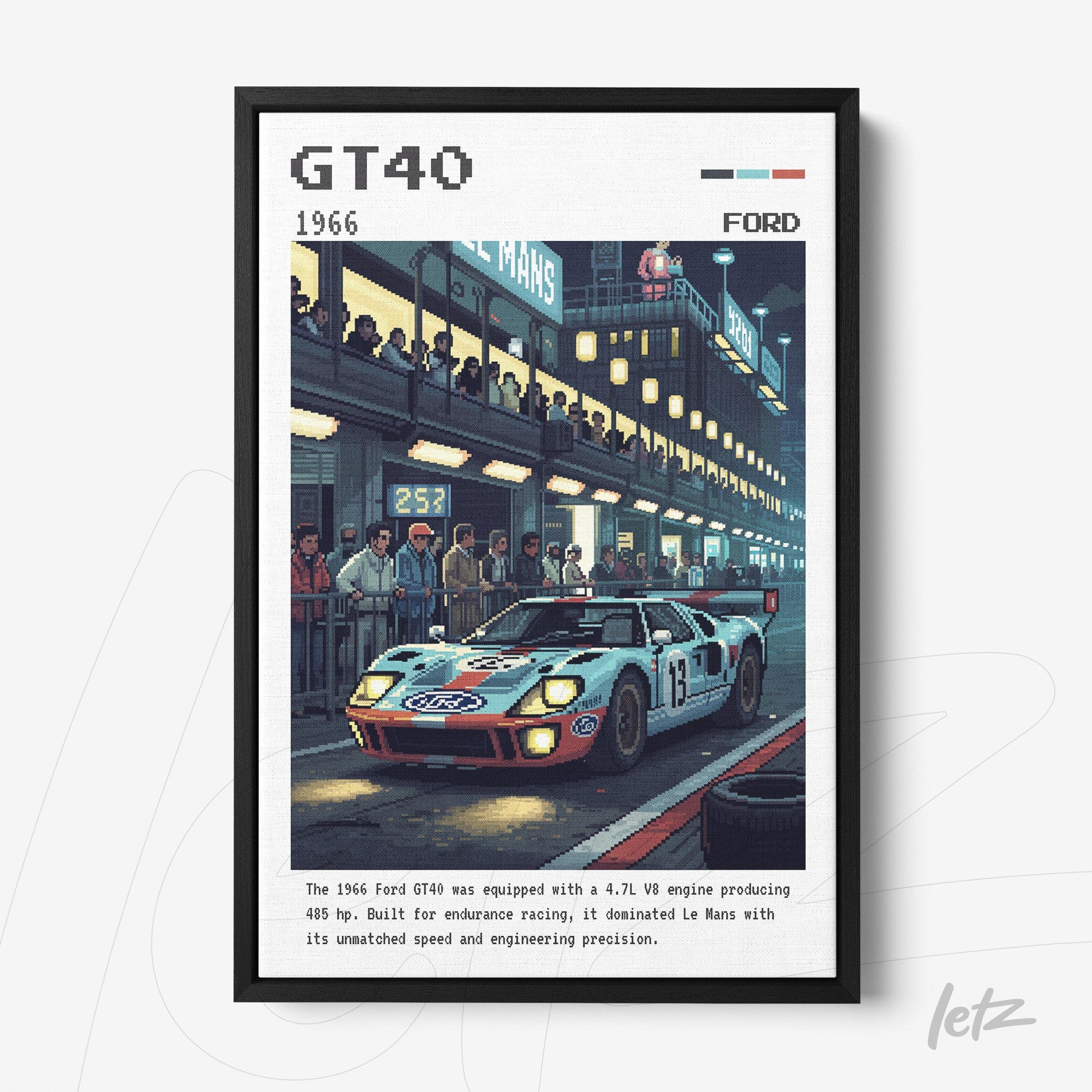 pixel art style framed wall art featuring a ford gt40 racing car in front of the pit stop with spectators watching