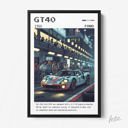 pixel art style framed wall art featuring a ford gt40 racing car in front of the pit stop with spectators watching