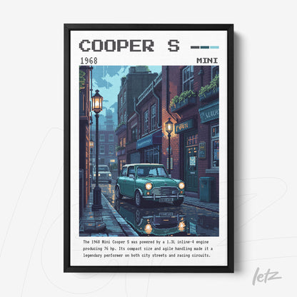 framed pixel art of a Mini Cooper S parked on a charming street