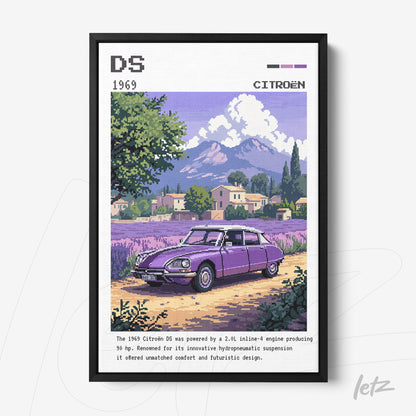 framed vintage style pixel art illustration of Citroën DS car with countryside landscape and mountains in the background