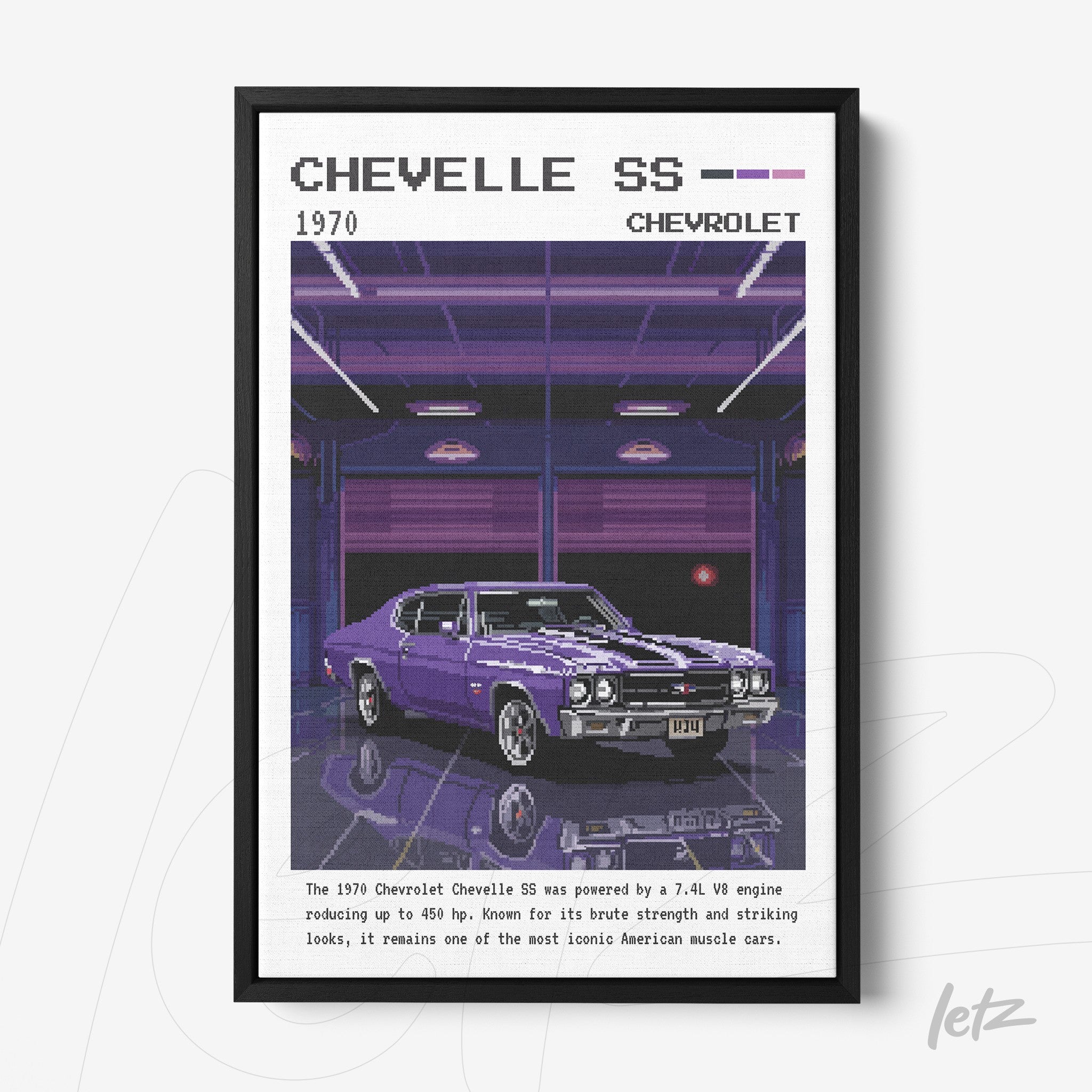 framed retro artwork of a 1970 Chevrolet Chevelle SS with a black frame