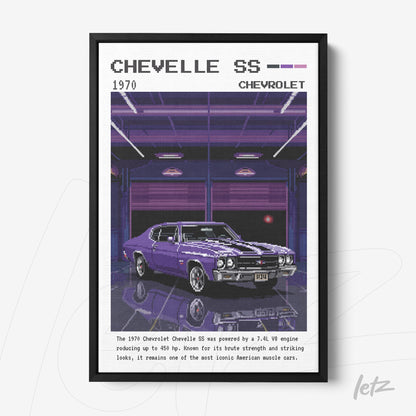 framed retro artwork of a 1970 Chevrolet Chevelle SS with a black frame