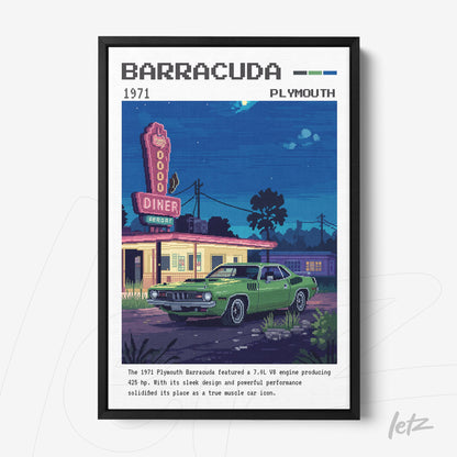 pixel art print of a green Plymouth Barracuda in front of a vintage diner with a glowing sign
