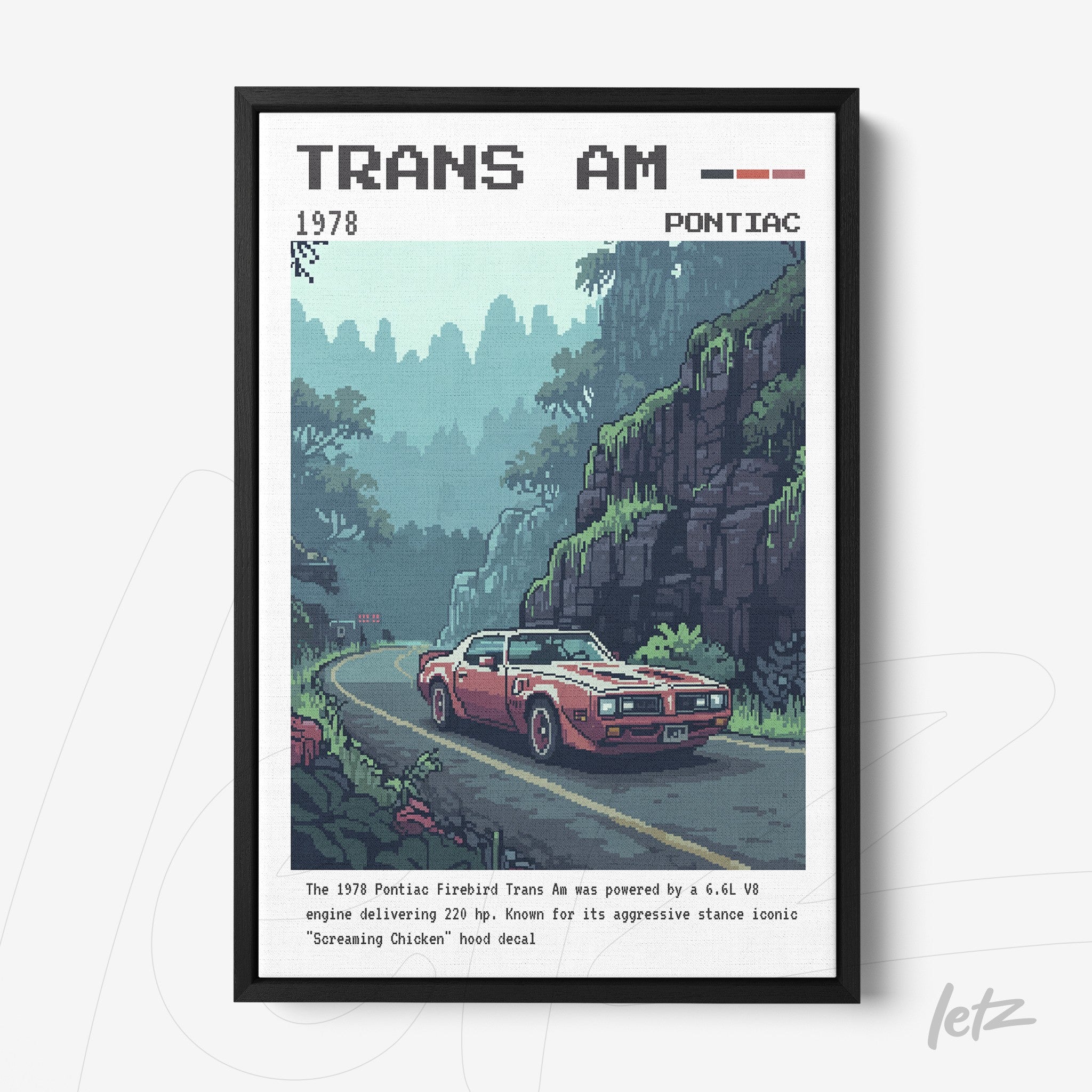framed vintage style illustration of a 1978 Pontiac Trans Am with black frame