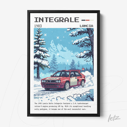 pixel art of a lancia delta integrale car in a snowy landscape with trees and mountains