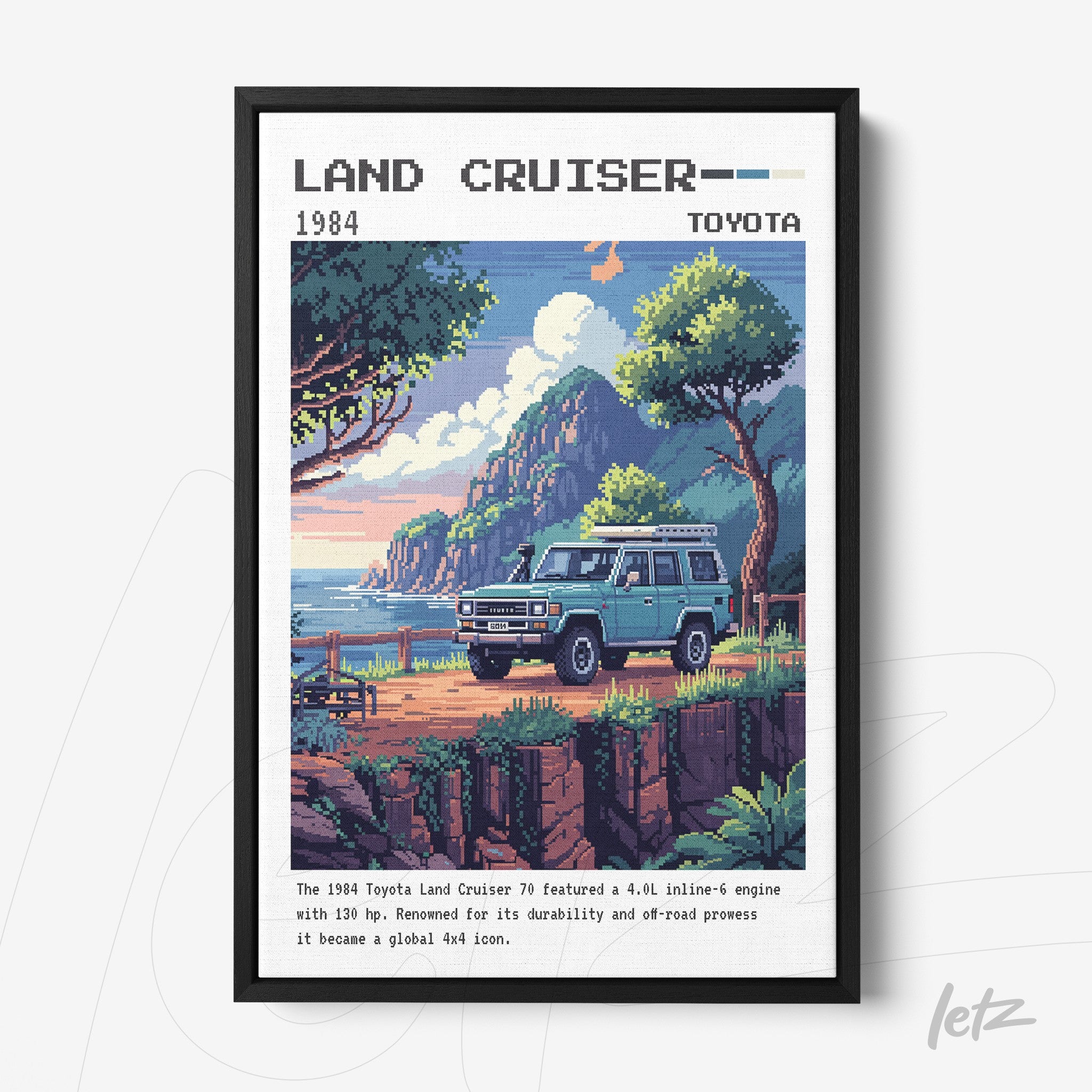 pixel art of a 1984 Toyota Land Cruiser framed in black, showcasing a landscape with mountains and greenery in the background
