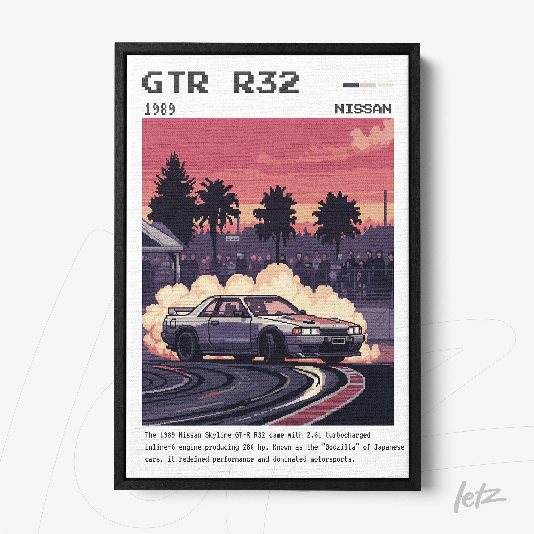 framed digital art featuring a 1989 nissan skyline gt-r r32 drifting with sunset background and smoke