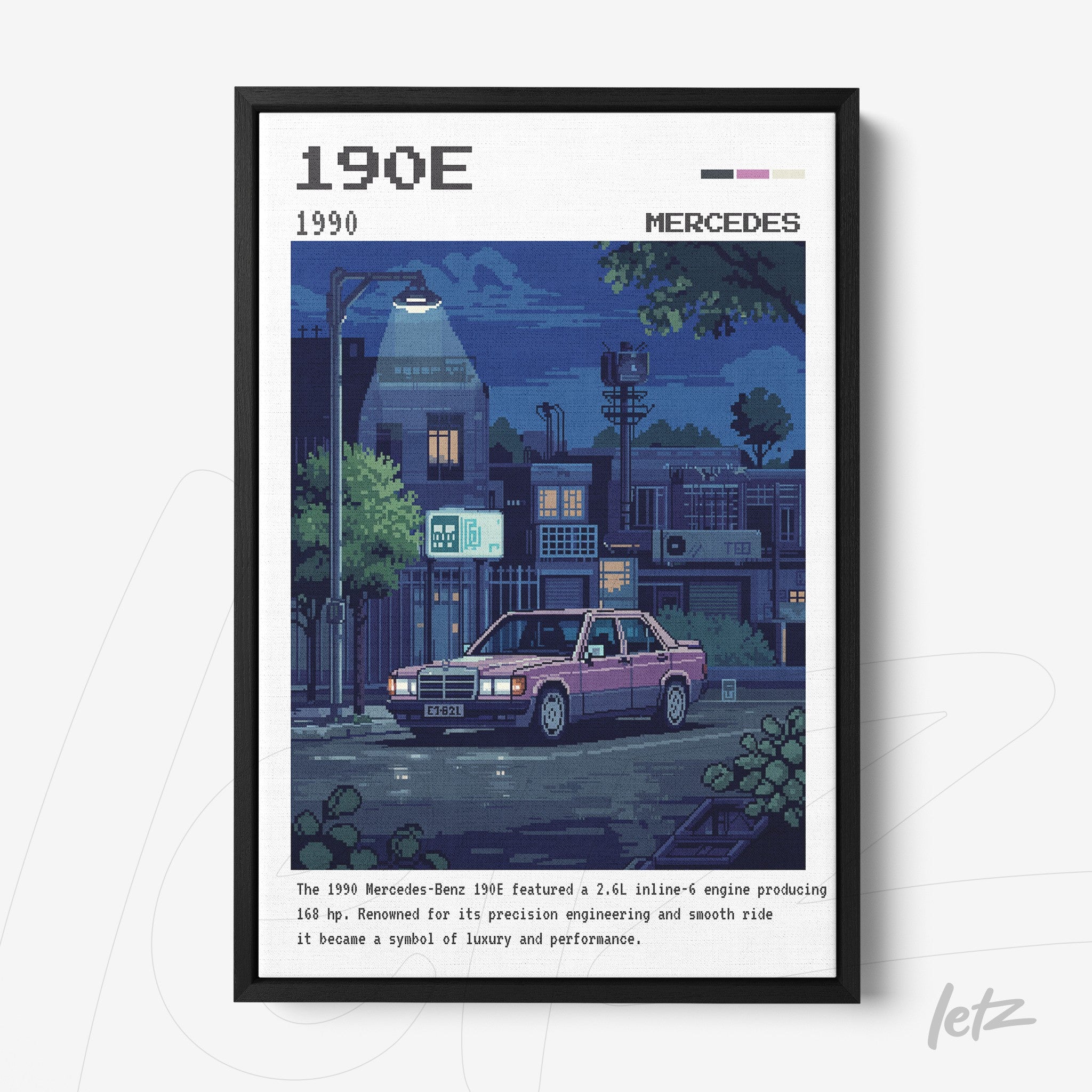 pixel art framed print of a Mercedes-Benz 190E parked on a night street with illuminated lamps and buildings in the background