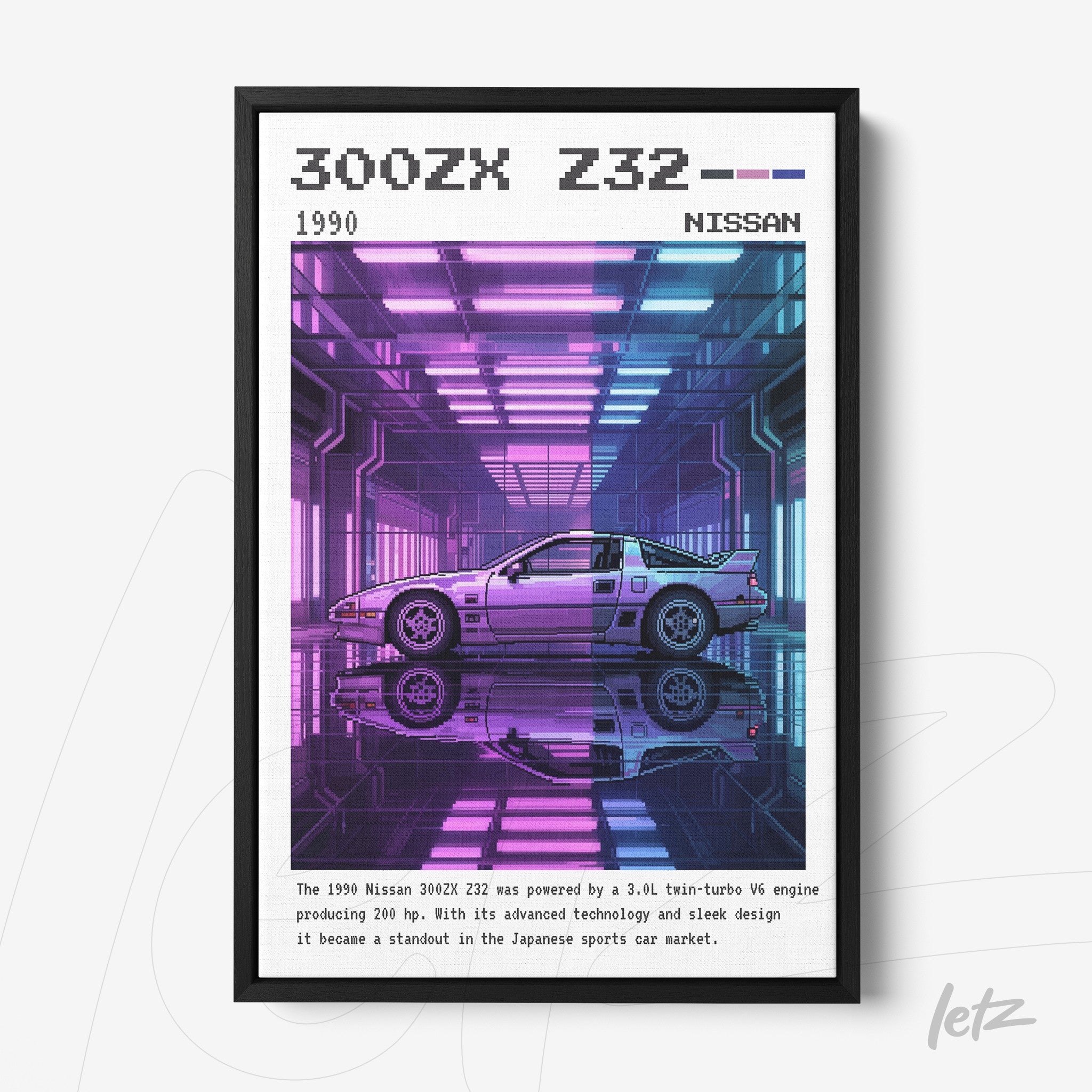 framed digital art of a 1990 Nissan 300ZX Z32 with black frame, featuring a backdrop illuminated in purple and blue tones