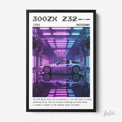 framed digital art of a 1990 Nissan 300ZX Z32 with black frame, featuring a backdrop illuminated in purple and blue tones