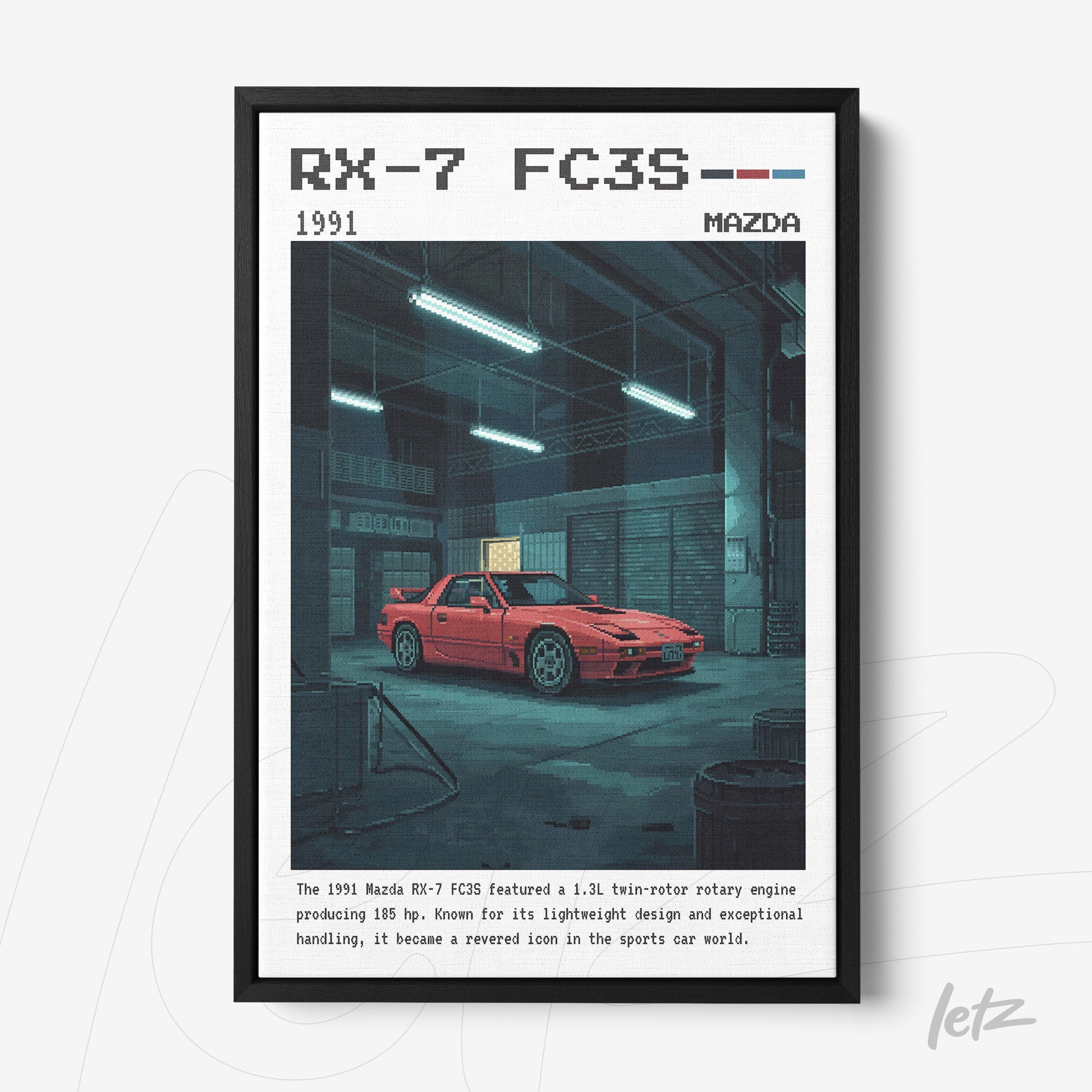 framed digital art of a Mazda RX-7 FC3S in a dark garage depicted in pixel art style