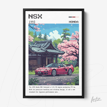framed pixel art of the 1993 Honda NSX in front of a Japanese temple, surrounded by cherry blossom trees