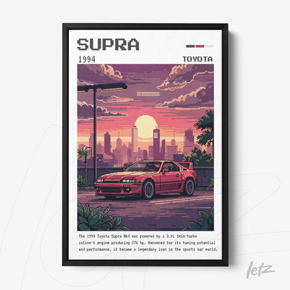 framed pixel art of the 1994 Toyota Supra in an urban sunset scene with black frame