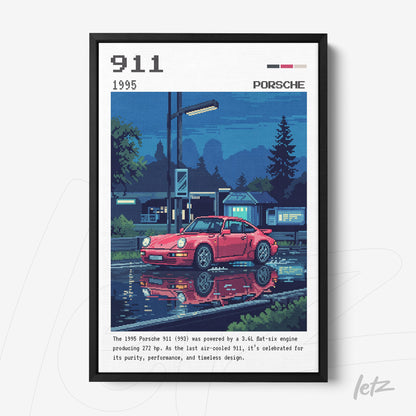 framed pixel art of a 1995 Porsche 911 reflecting on a lake with city lights in the background