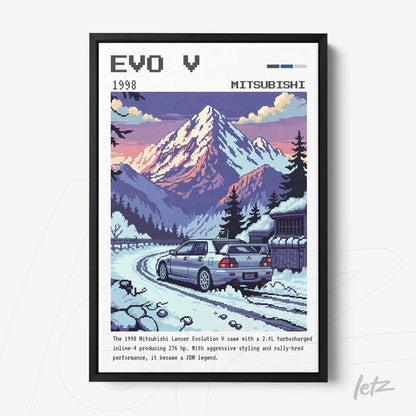 pixel art print of Mitsubishi Lancer Evolution V driving in a mountainous landscape at sunset, framed in black