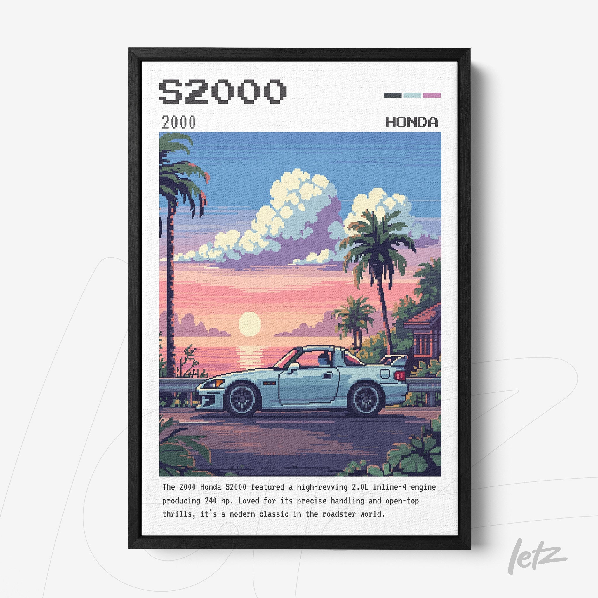 framed pixel art of Honda S2000 car against a nostalgic sunset backdrop with palm trees
