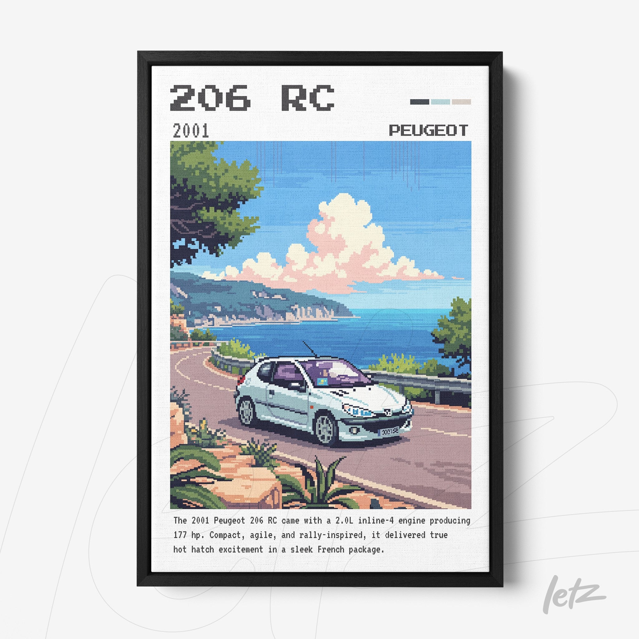 framed digital art of the Peugeot 206 RC showcasing the car on a seaside road with a mountainous background