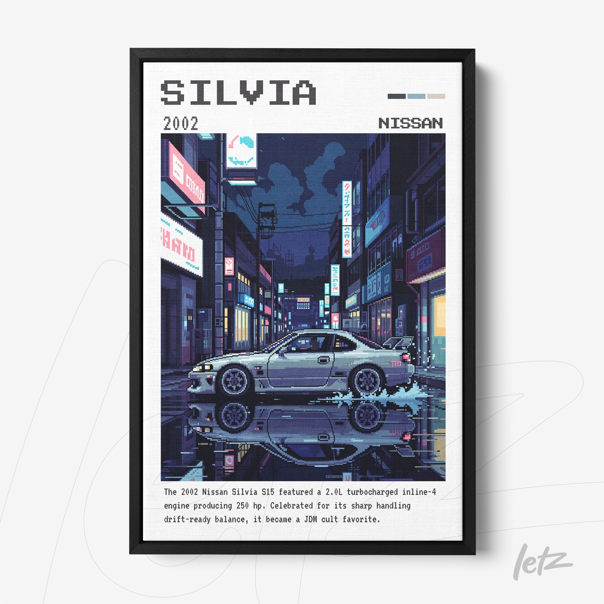 pixel art framed illustration of a 2002 Nissan Silvia on a neon-lit street with reflections on the water
