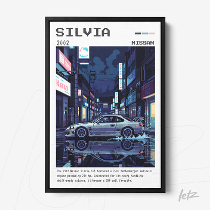 pixel art framed illustration of a 2002 Nissan Silvia on a neon-lit street with reflections on the water
