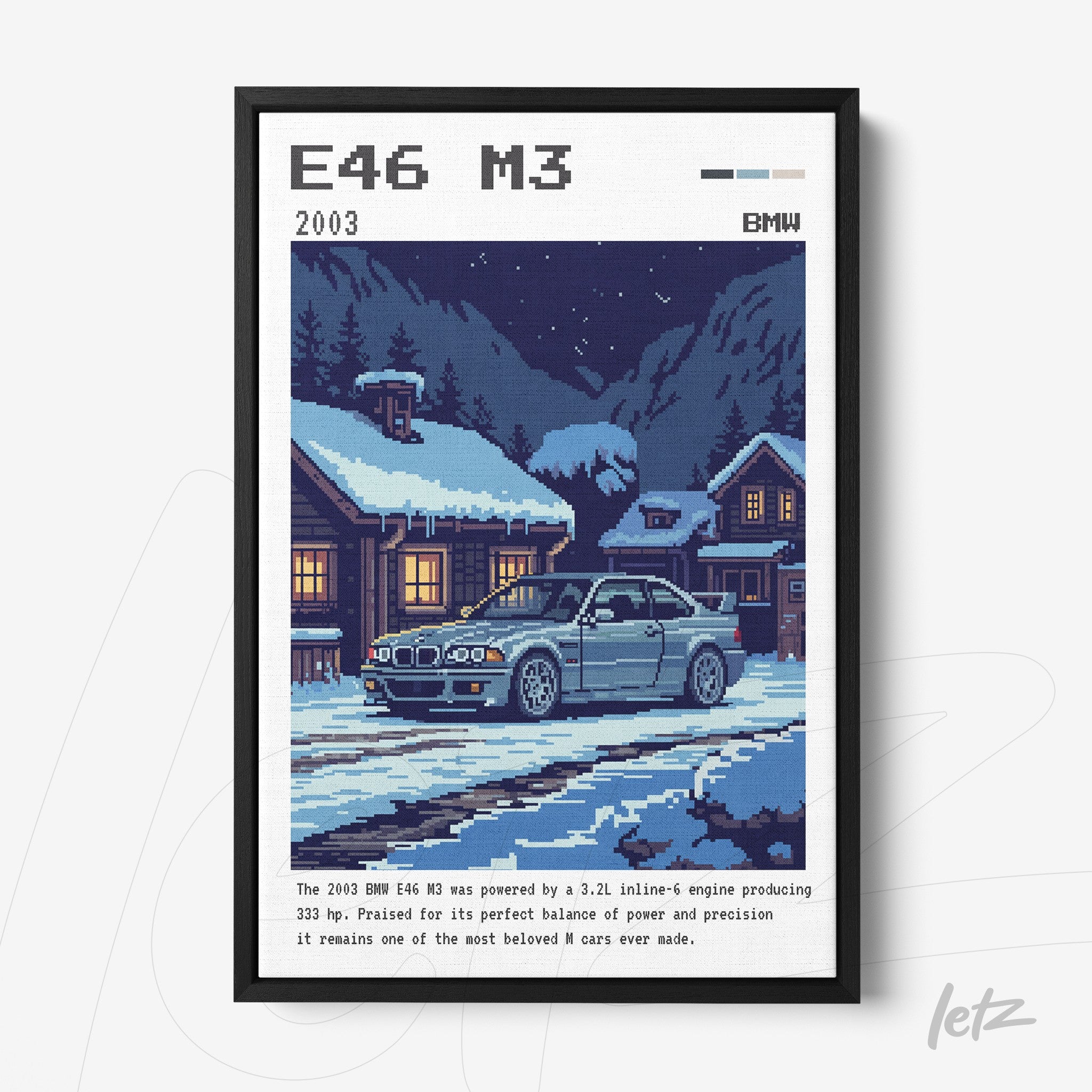 framed pixel art of the BMW E46 M3 in a snowy night scene with wooden cabins