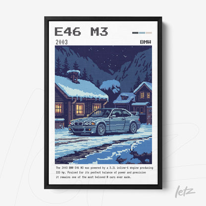 framed pixel art of the BMW E46 M3 in a snowy night scene with wooden cabins