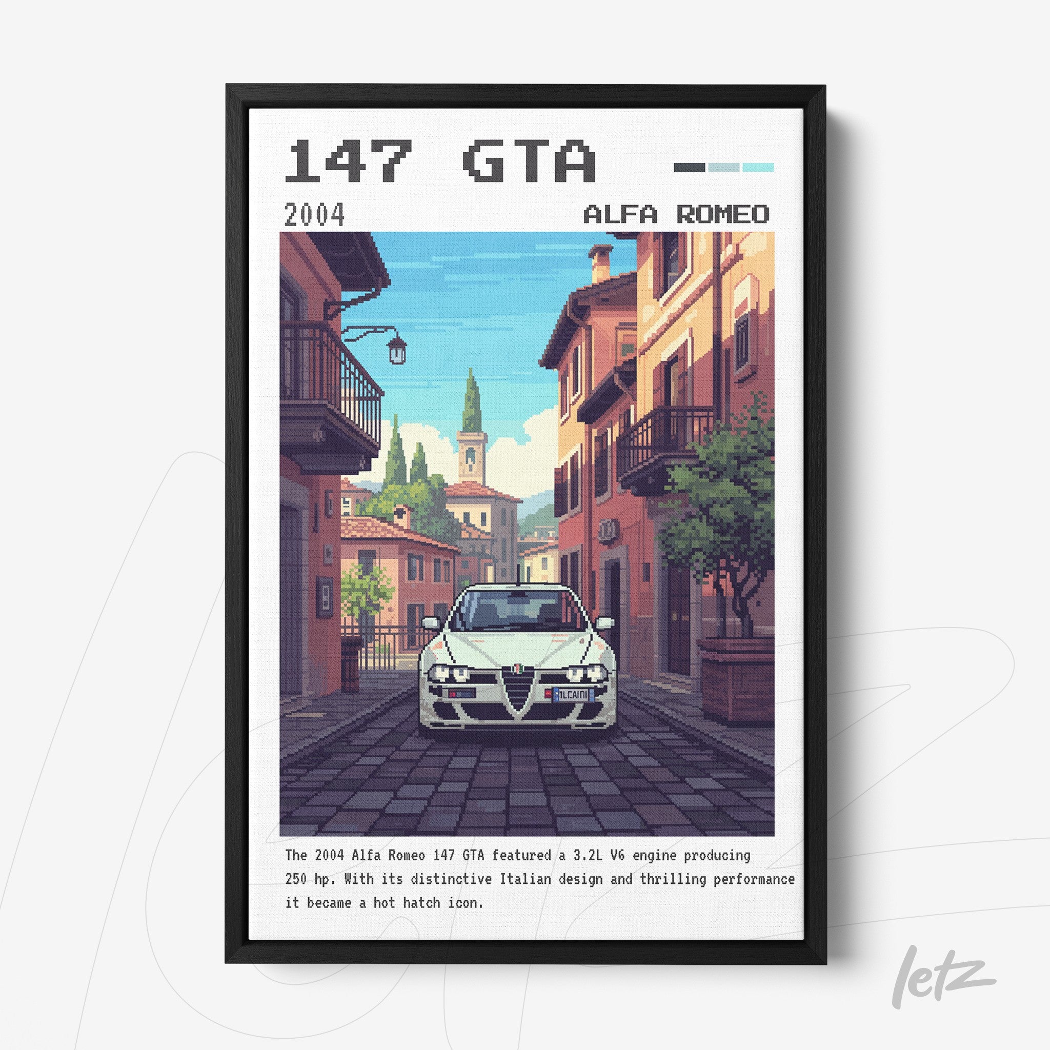 framed digital artwork of an alfa romeo 147 gta car on an italian street