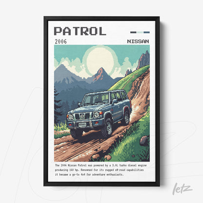 framed wall art featuring retro illustration of 2006 Nissan Patrol on dirt trail