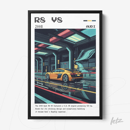 framed wall art featuring digital illustration of an Audi R8 V8 in a futuristic setting, highlighting its design and technical details