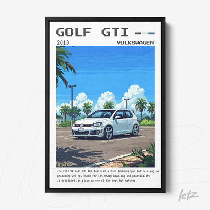 framed digital art of a sporty golf gti car in pixel art style with black frame