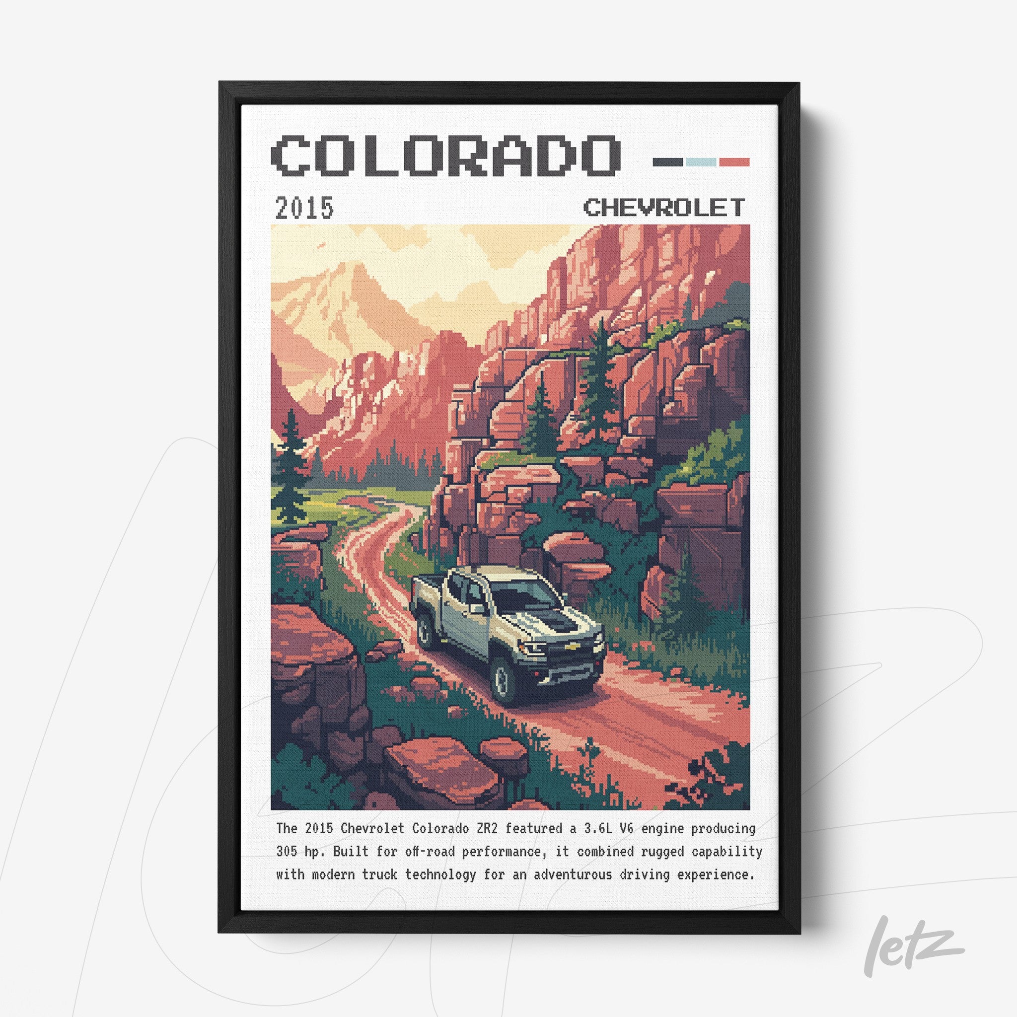 retro style framed pixel art of a Chevrolet Colorado truck on a mountain trail with black frame