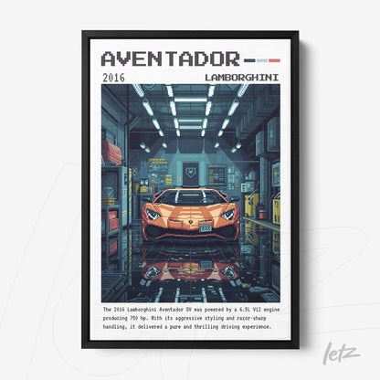 framed pixel art of Lamborghini Aventador sports car with black frame in an industrial background