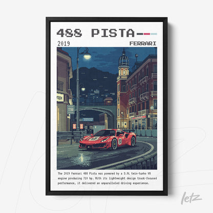 pixel art print of the Ferrari 488 Pista in black frame, showcased on a nighttime street with European buildings in the background