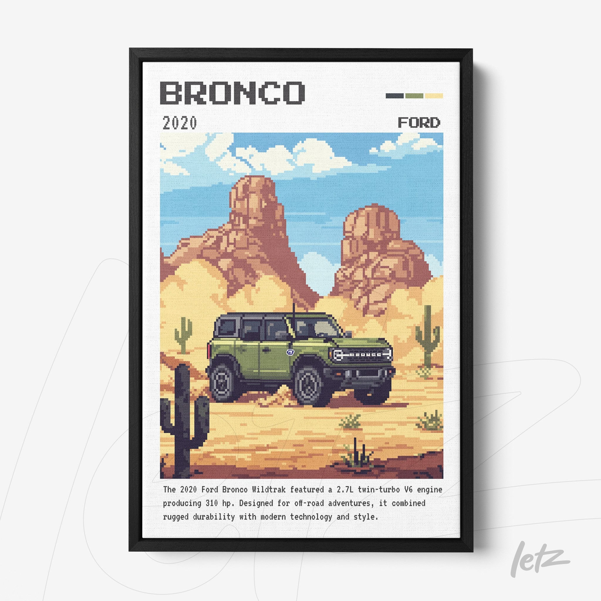 pixel art of 2020 ford bronco in black frame featuring desert landscape