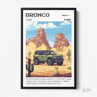pixel art of 2020 ford bronco in black frame featuring desert landscape