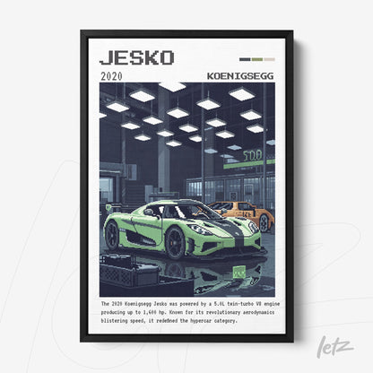 framed digital art of a Koenigsegg Jesko sports car with a workshop background