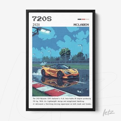 framed digital artwork of a McLaren 720S on a racetrack, showcasing the yellow car beside puddles reflecting the light