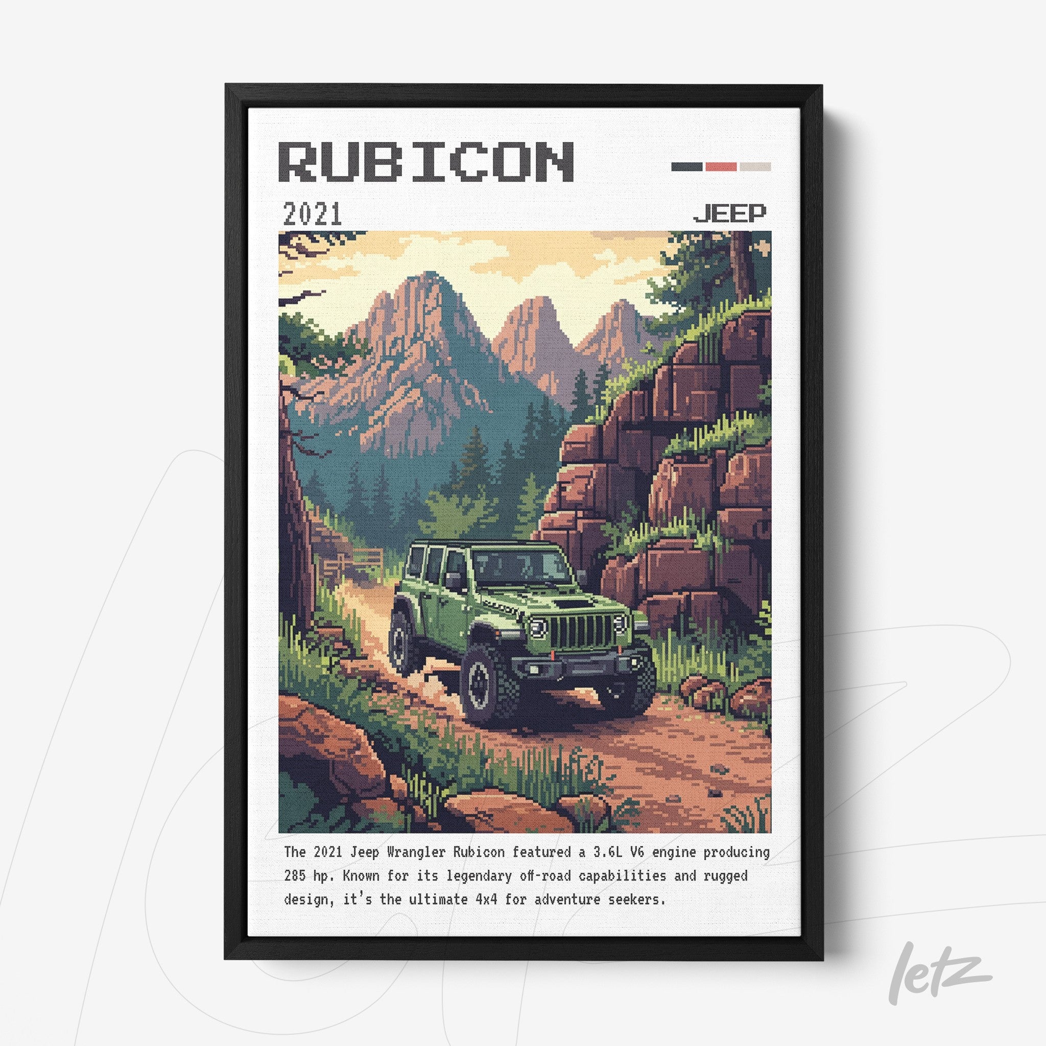 framed pixel art of the 2021 Jeep Wrangler Rubicon with a black frame, featuring a mountainous landscape in the background