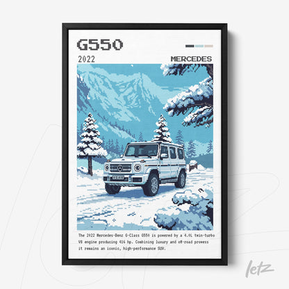 retro style framed art of Mercedes-Benz G550 SUV in snowy mountain landscape