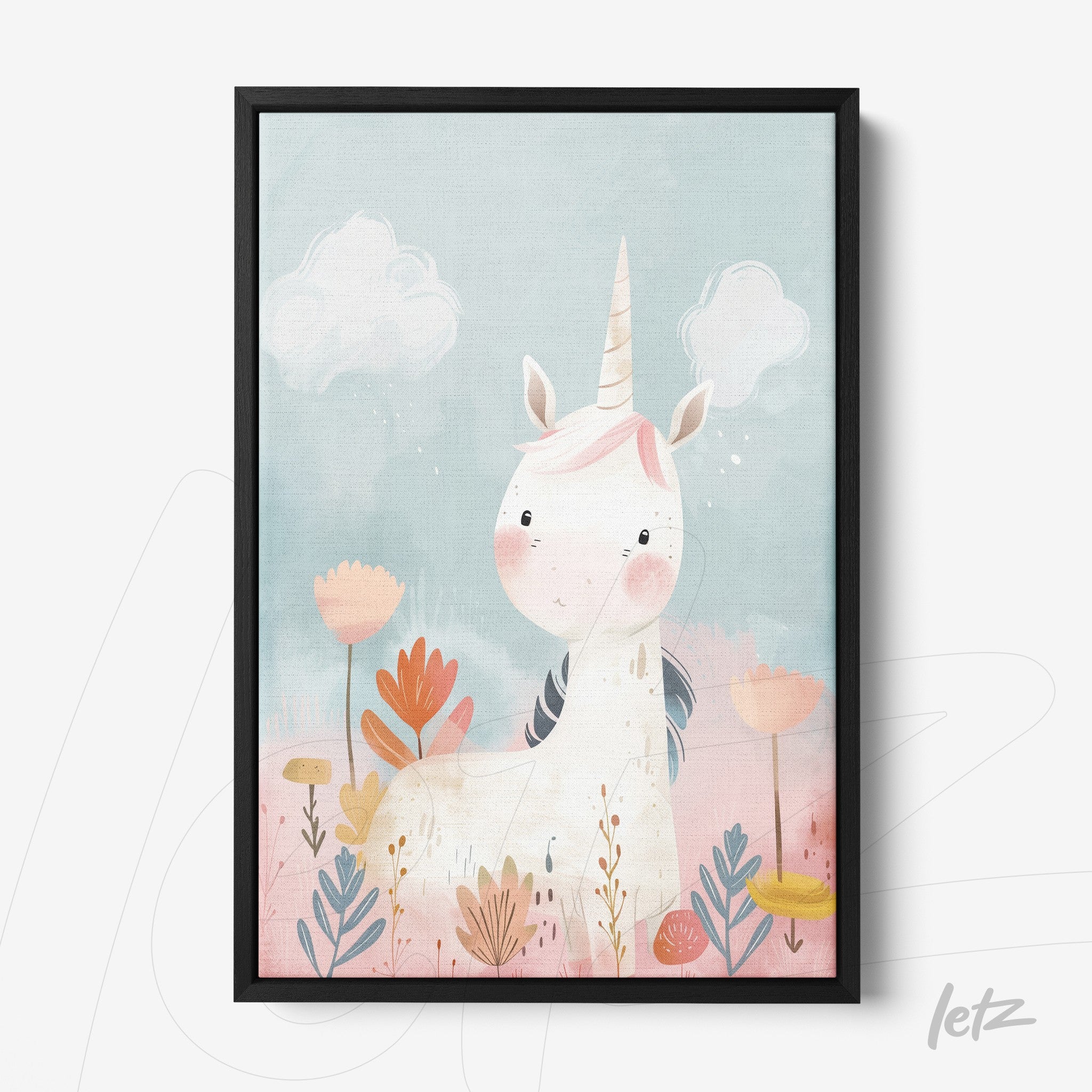 framed wall art featuring a cute unicorn against a light blue background surrounded by pastel flowers