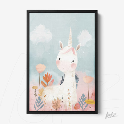 framed wall art featuring a cute unicorn against a light blue background surrounded by pastel flowers