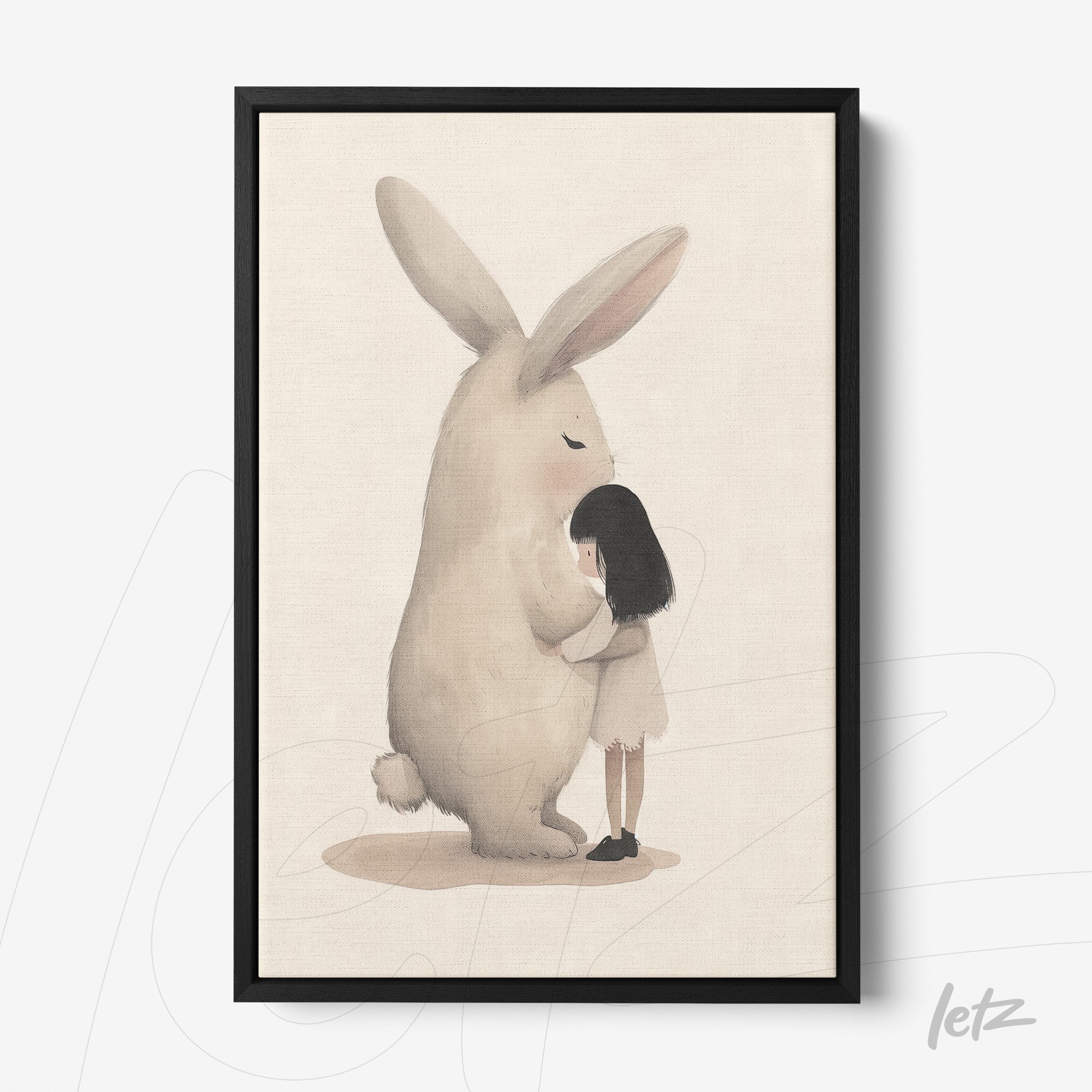 framed artwork depicting a girl hugging a giant rabbit in soft colors on a light background