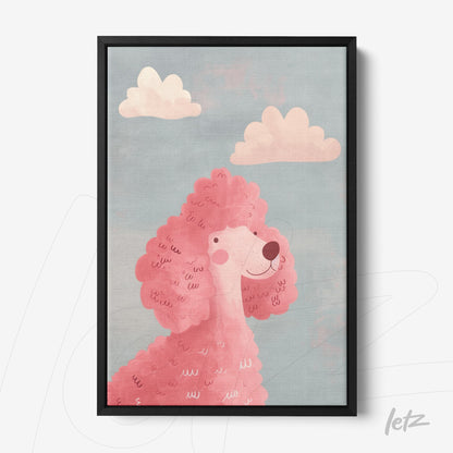 framed artwork featuring a pink poodle against a blue sky with light clouds
