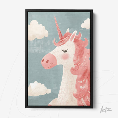 framed wall art featuring a pink maned unicorn illustration against a blue background with white clouds
