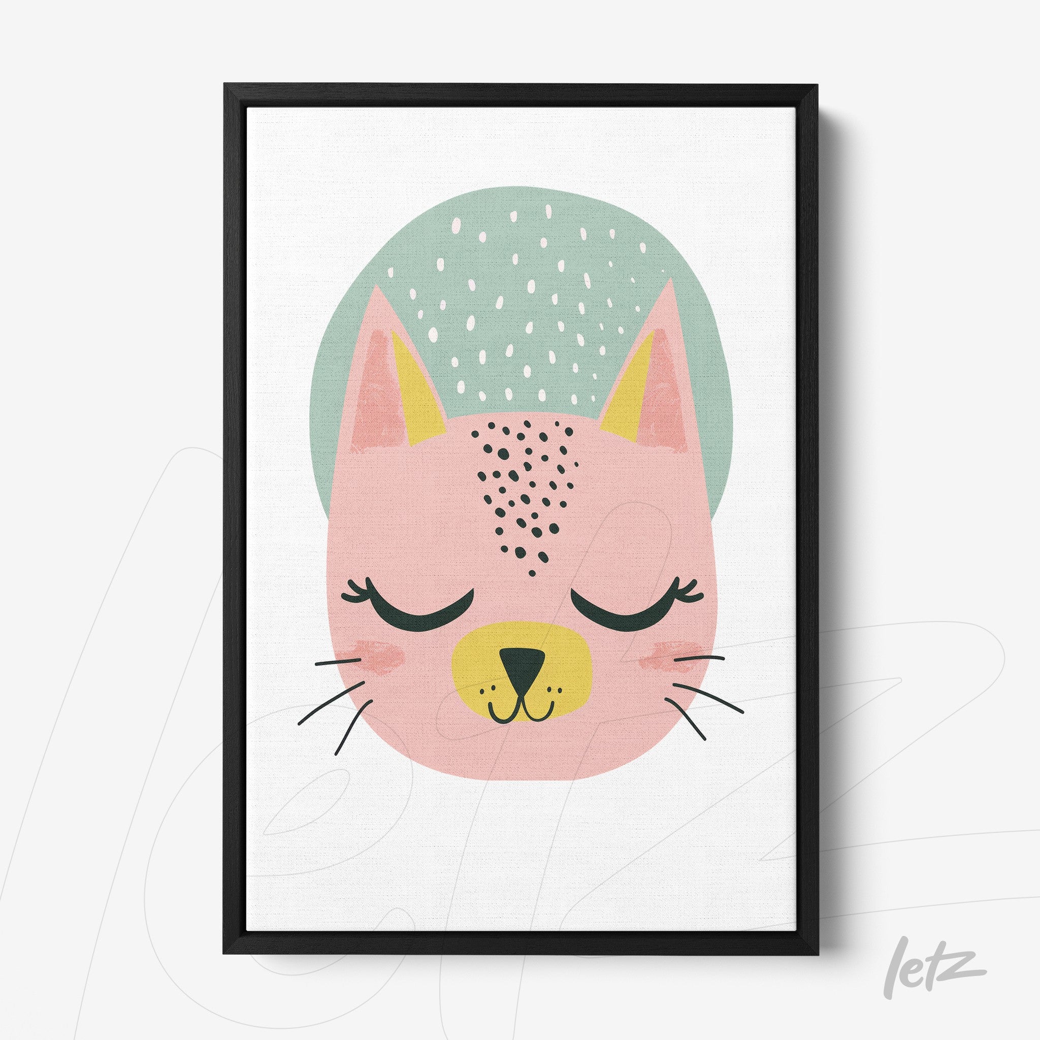 framed wall art featuring a stylized cat illustration in shades of pink and green