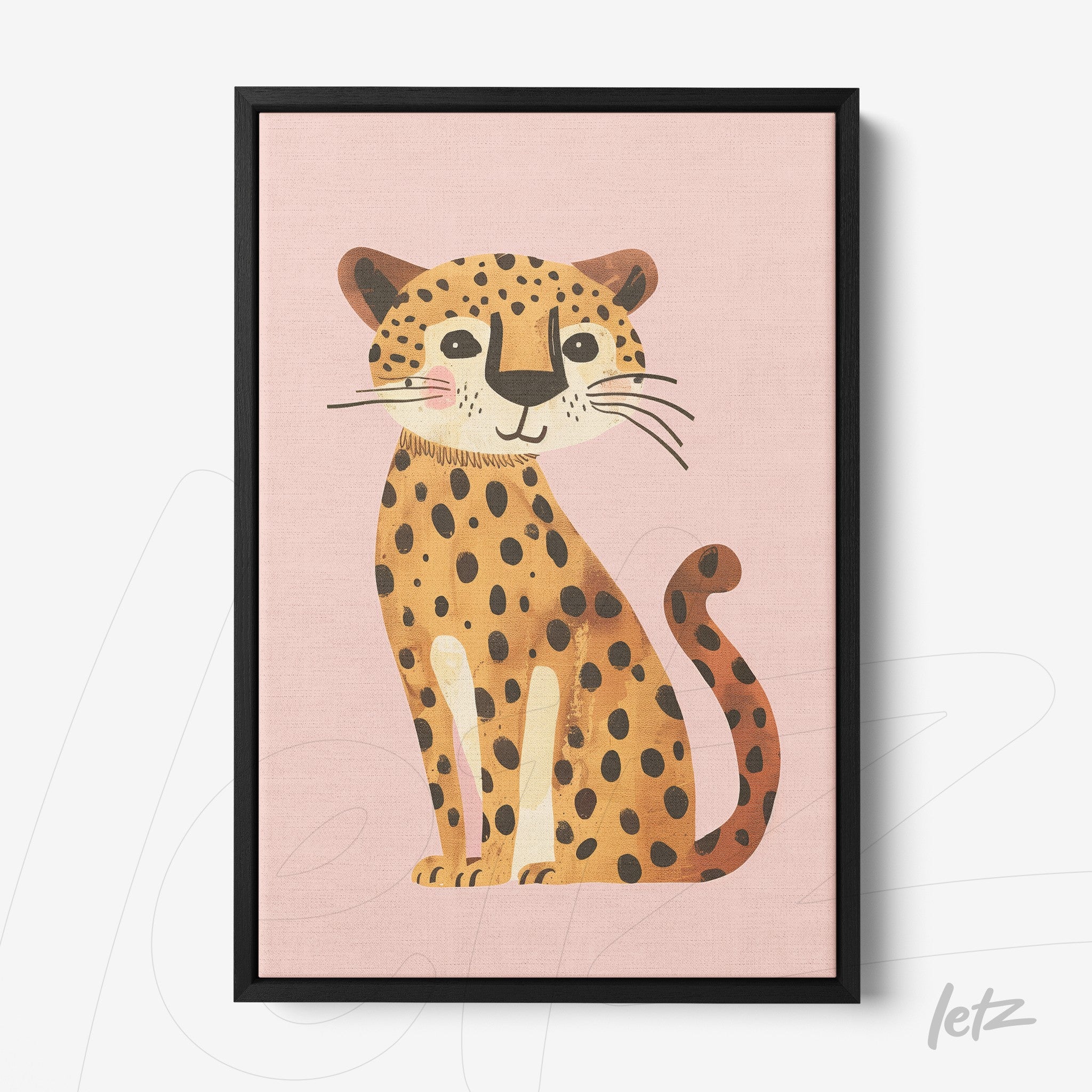 framed wall art featuring a cute spotted jaguar illustration on a pink background with black frame