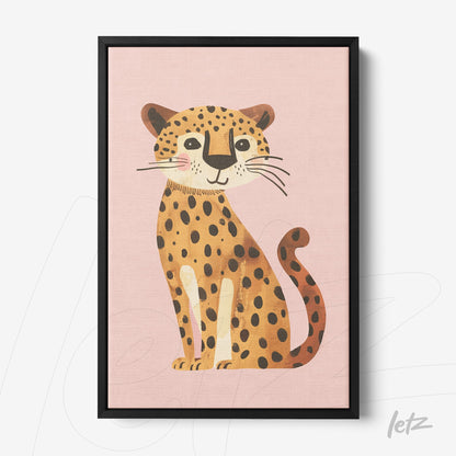 framed wall art featuring a cute spotted jaguar illustration on a pink background with black frame