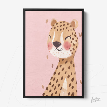 framed art featuring a smiling leopard illustration on pink background with black frame
