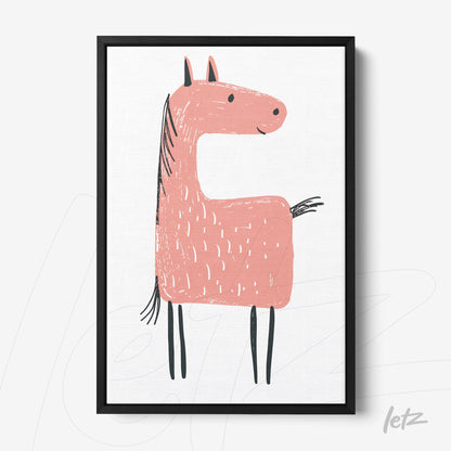 framed art featuring a pink horse illustration with a black frame