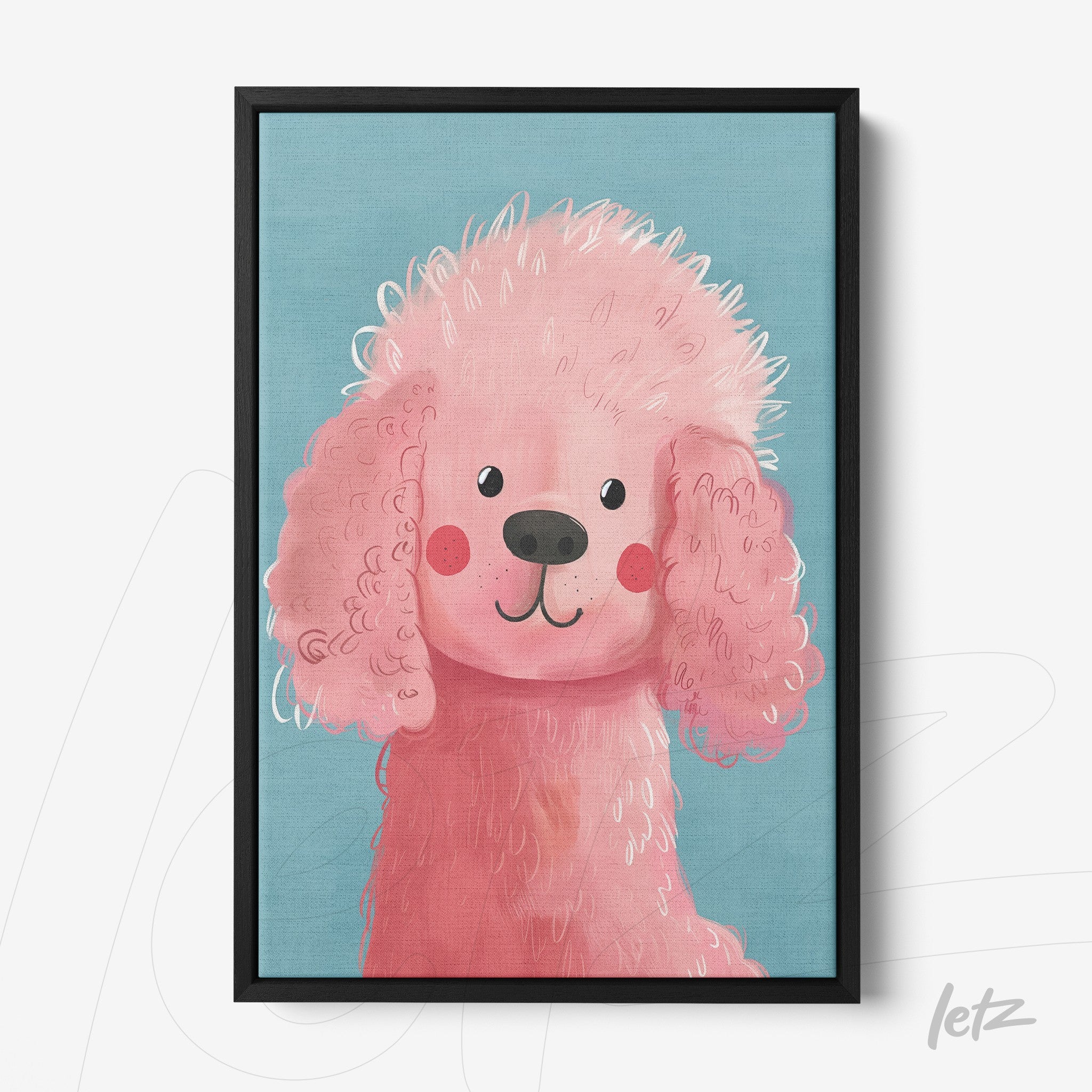 framed illustration of a pink poodle on blue background with black frame