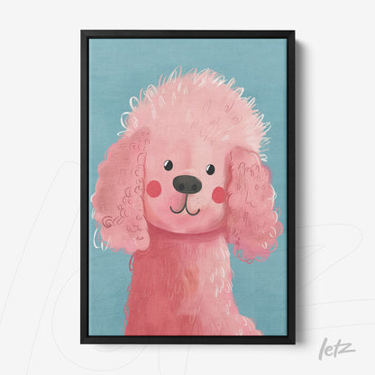 framed illustration of a pink poodle on blue background with black frame